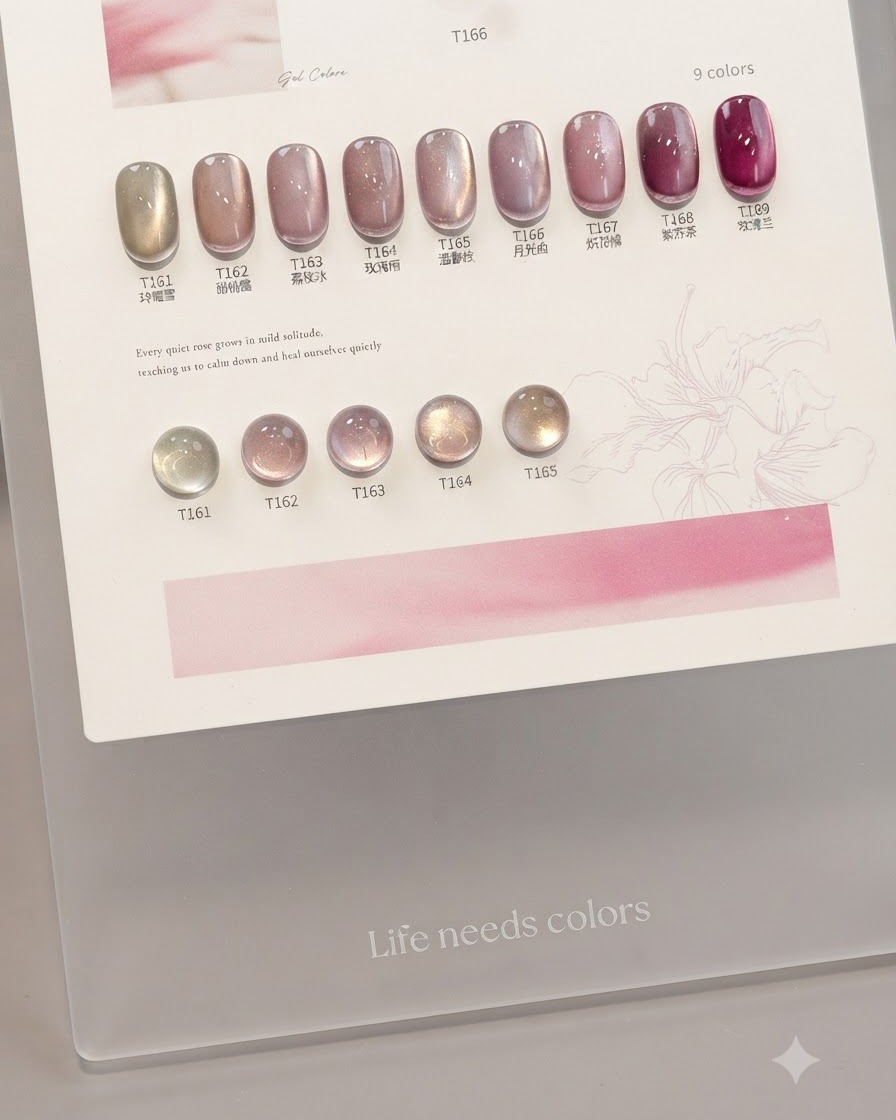 Una tarjeta de presentación que muestra varias muestras de color de esmalte en gel, incluido el tono 164 de la colección Chantilly Rose.