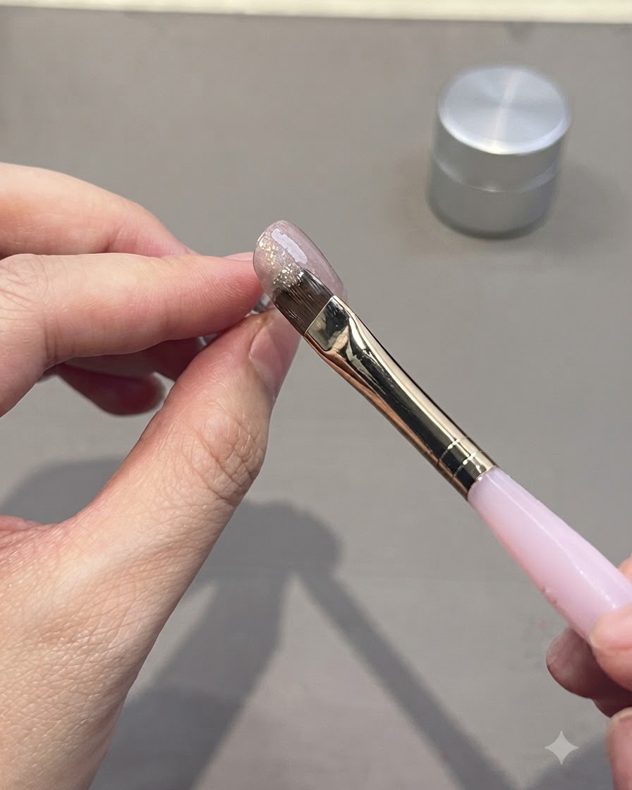 Un pincel de arte de uñas aplicando una capa suave de gel sobre una punta de uña.