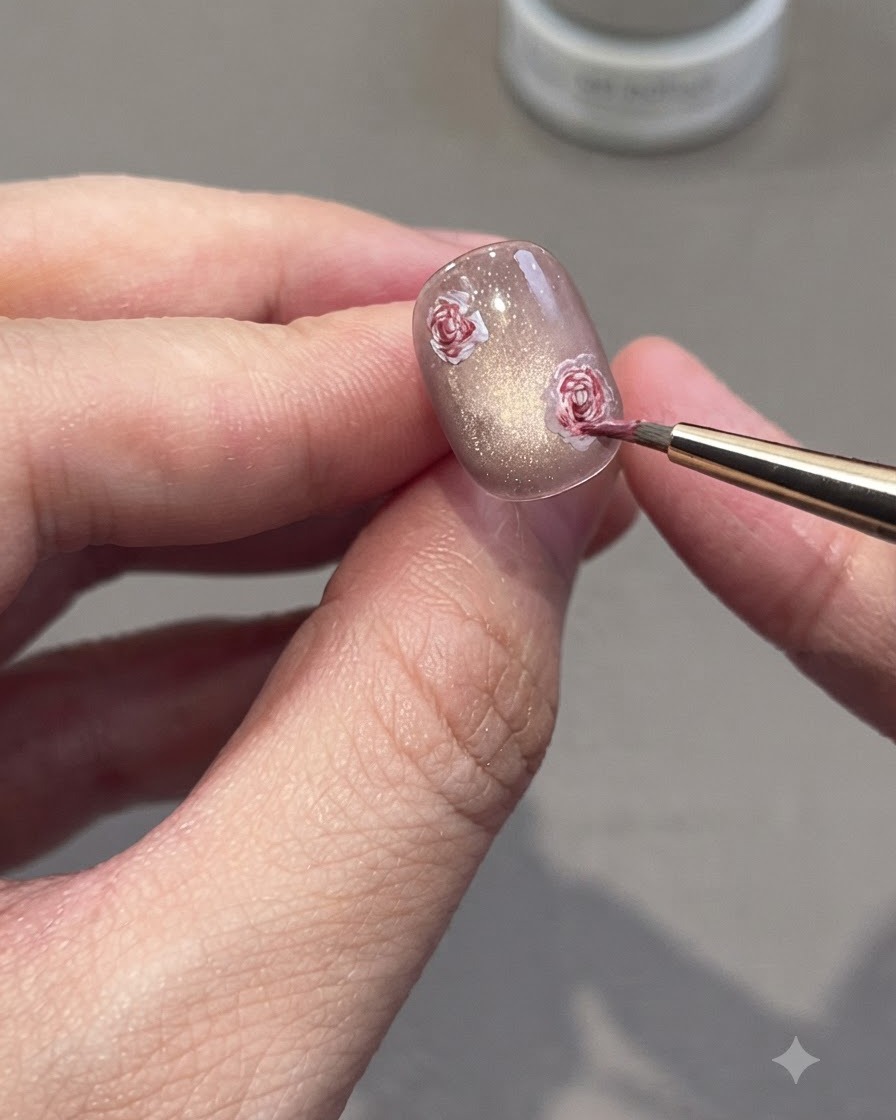 Un pincel de detalle fino añadiendo pequeñas hojas verdes alrededor de las rosas pintadas.