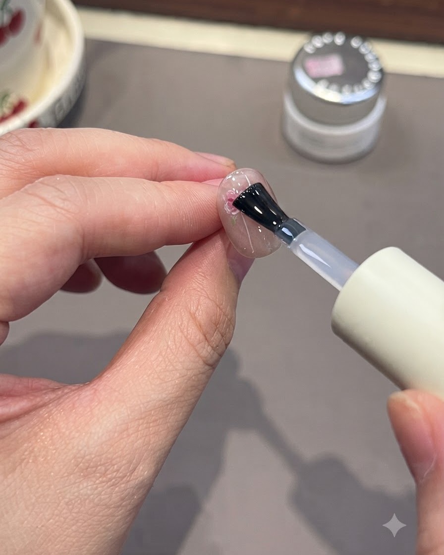 Un pincel de uñas aplicando un top coat transparente sobre una uña con arte de rosas rosas pintadas.