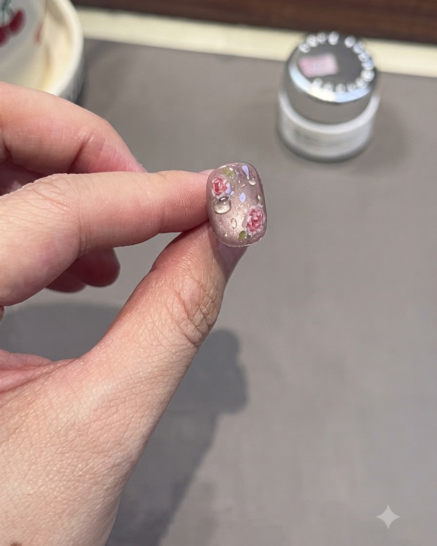 Una uña terminada que muestra efectos de gotas de rocío 3D sobre un diseño floral.