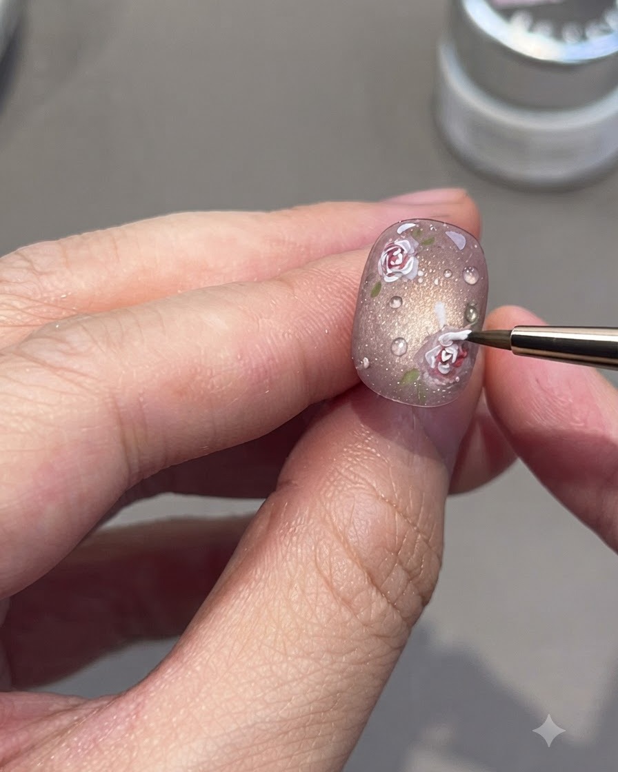 Un pincel de detalles finos pintando delicadas rosas blancas sobre una superficie de uña brillante y terminada.