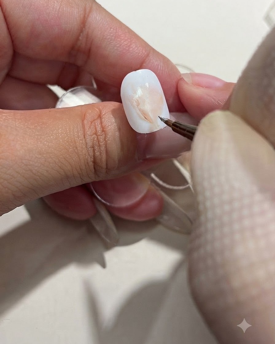Un pincel de detalle fino aplicando gel marrón sobre el diseño texturizado del papel de envolver en una uña blanca.