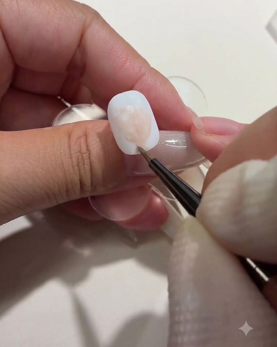 Una artista de uñas usando un pincel para depositar bloques suaves de color rosa que representan formas de rosas difuminadas sobre una uña blanca.