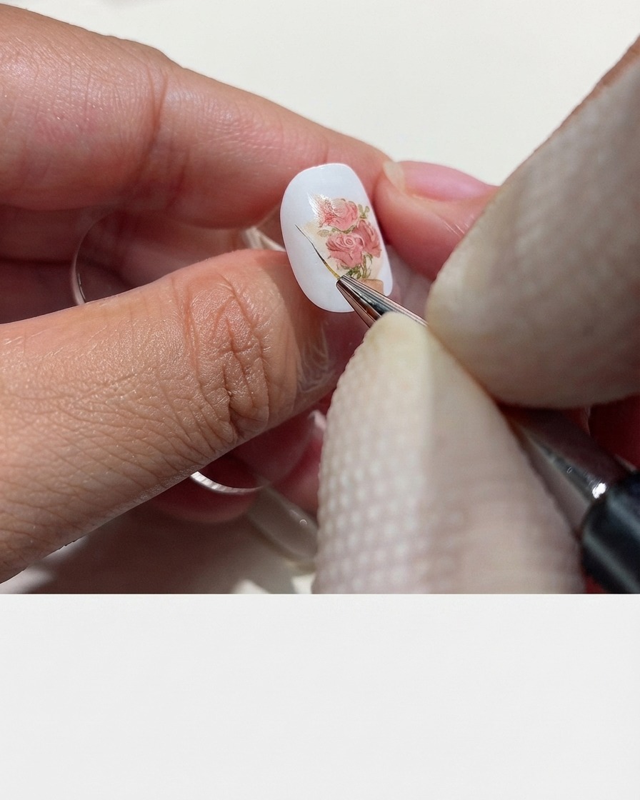 Un pincel delineador fino trazando el borde exterior del papel de envolver del ramo con color marrón sobre una base de uña blanca.