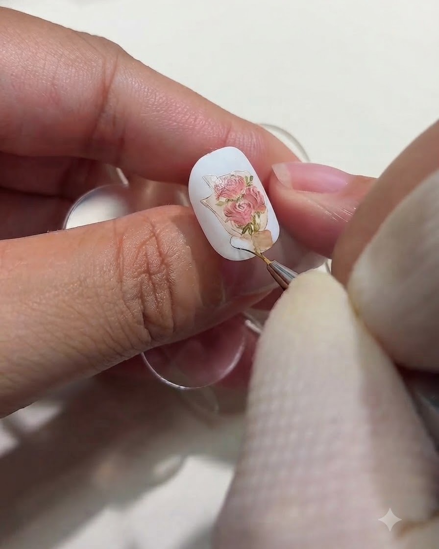 Una vista de cerca de un pincel fino de nail art pintando un delicado listón marrón en la base de un ramo de rosas pintado sobre una uña.