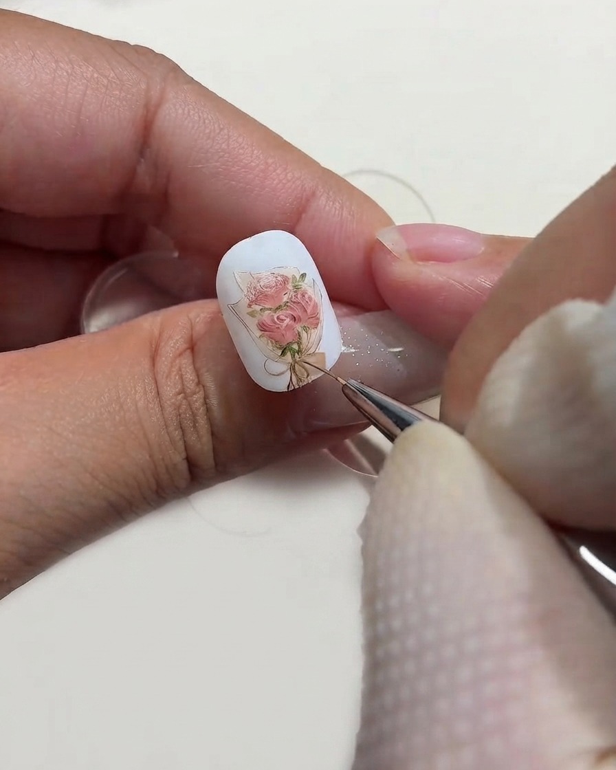 Un pincel de detalle fino aplicando diminutos puntos de luz blancos sobre los pétalos de un diseño de uñas con un ramo de rosas pintado.