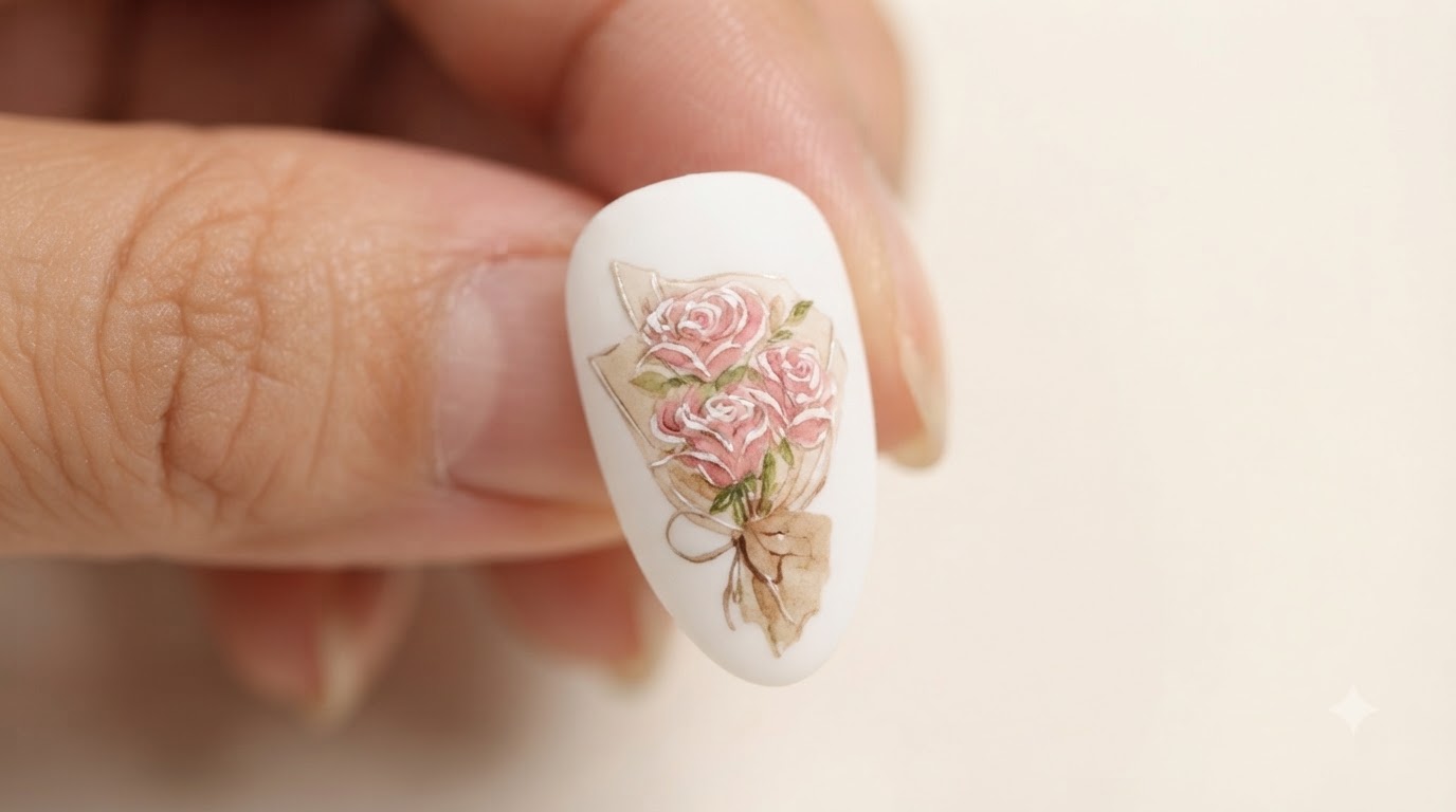 Uñas de Ramo de Rosas en Acuarela Hechas a Mano — Tutorial Paso a Paso