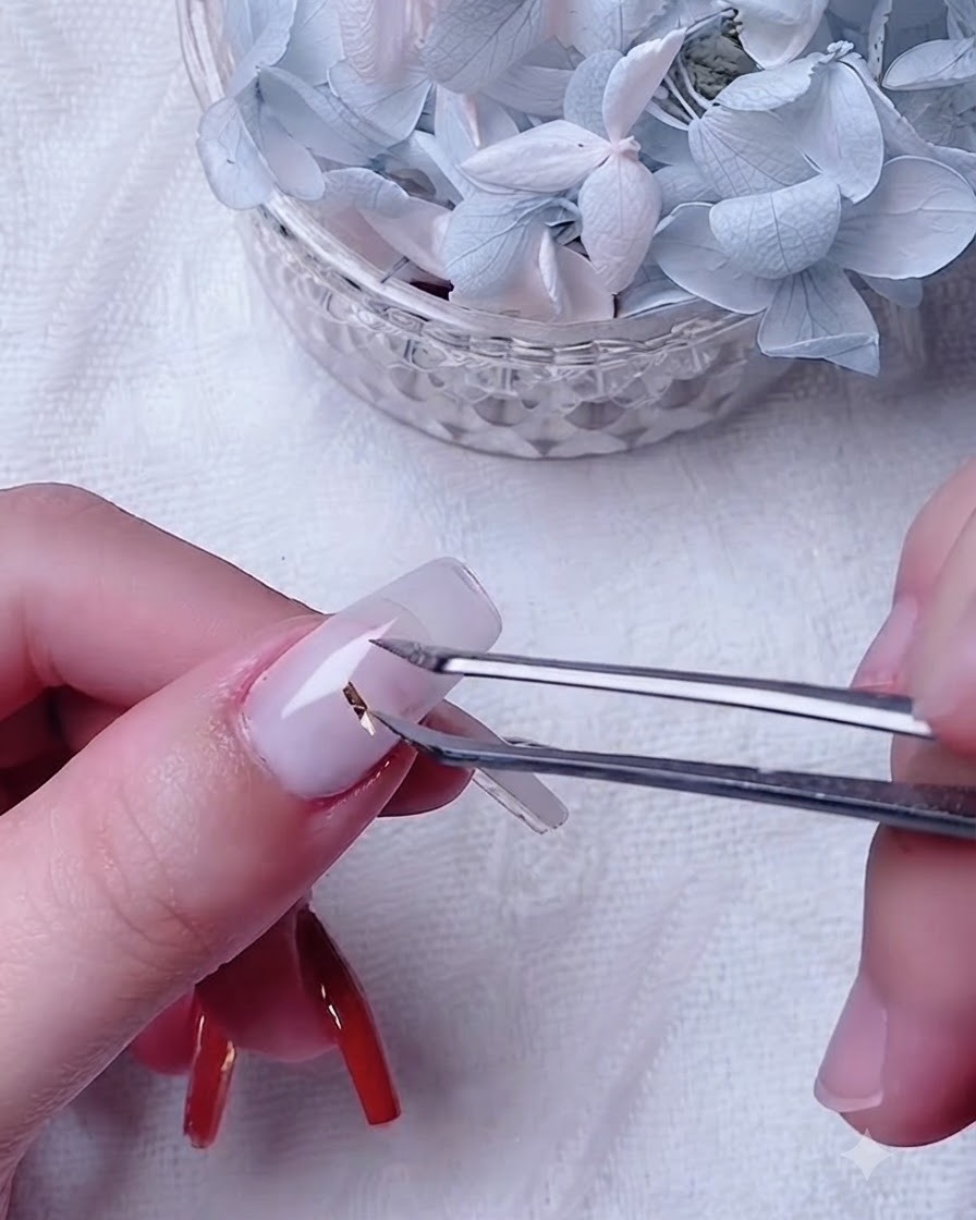 Un primer plano de la uña del pulgar recibiendo una capa uniforme de gel base blanco lechoso.