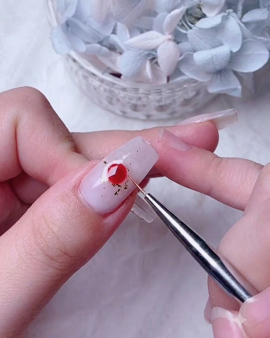 Un pincel de arte de uñas aplicando una capa transparente de gel blooming sobre la uña con motas de lámina dorada.