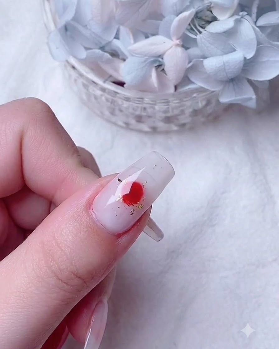 Un pincel de detalle fino aplicando gel rojo vibrante sobre la base blooming húmeda para crear formas de pétalos expansivos.