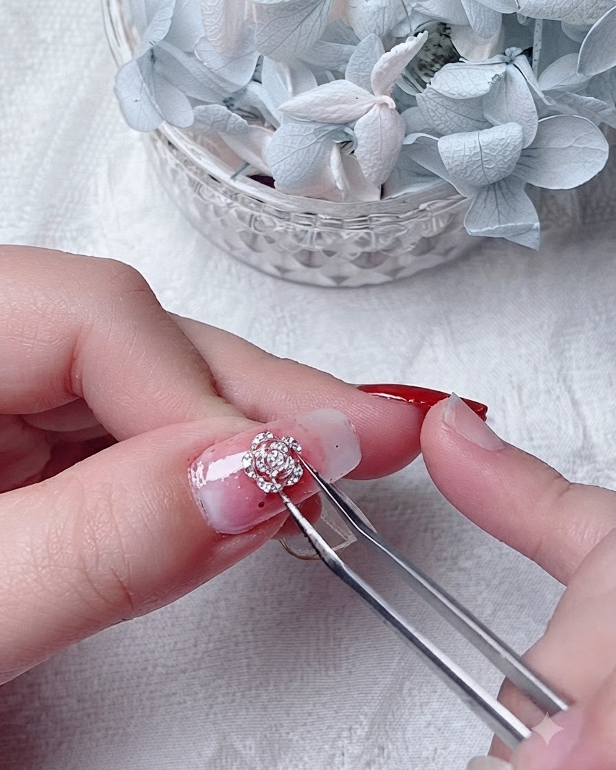 Un par de pinzas sosteniendo una decoración floral de alambre metálico sobre una uña decorada.