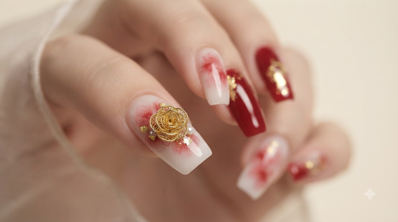 Uñas de Arte Vintage con Hilo Dorado, Rosas y Acuarela — Tutorial Paso a Paso