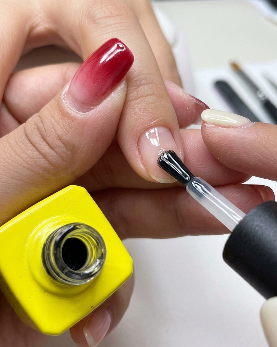 Un pincel profesional aplicando una capa base transparente y brillante sobre una uña natural limpia.
