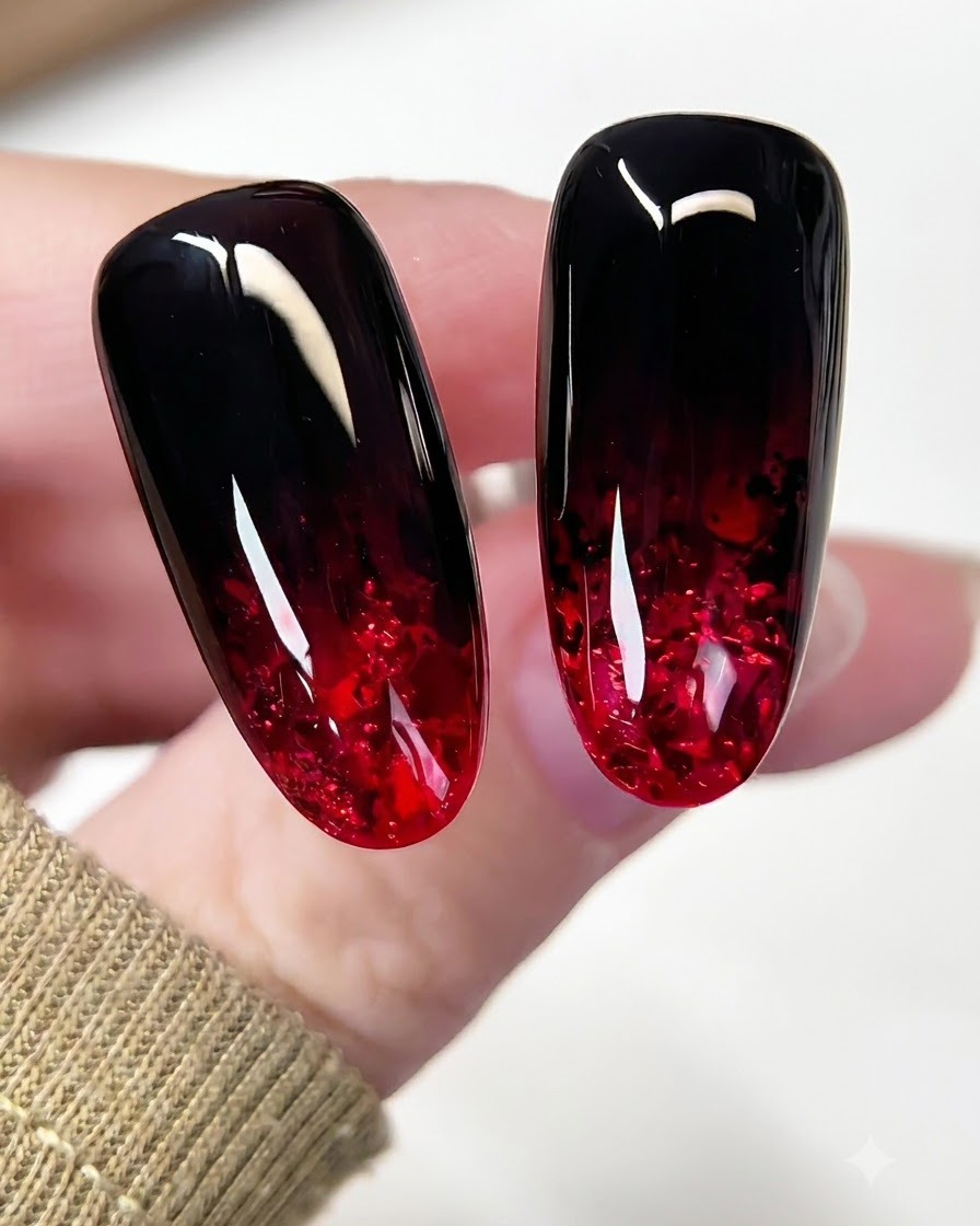 Uñas colocadas dentro de una lámpara UV LED curando la capa roja translúcida.