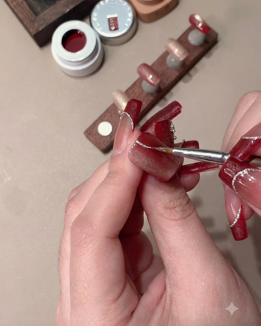 Un pincel de detalles finos y un imán dando forma a un diseño de uñas de ojo de gato.