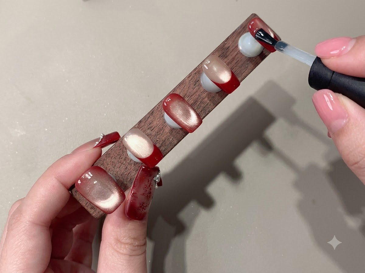 Un pincel aplicando gel rojo sobre una placa metálica de estampados grabada.