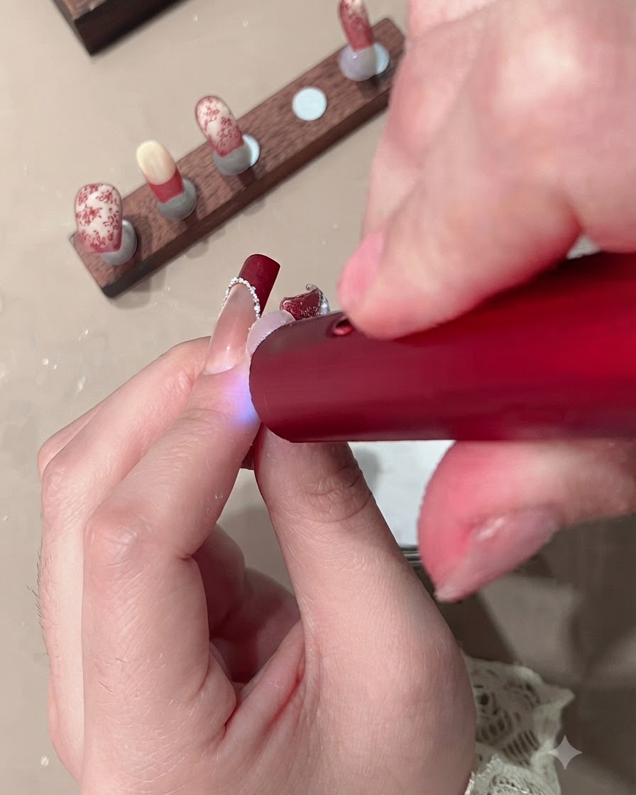 Primer plano de una mano sosteniendo una mini lámpara UV roja sobre una uña para curar el gel de la punta francesa.
