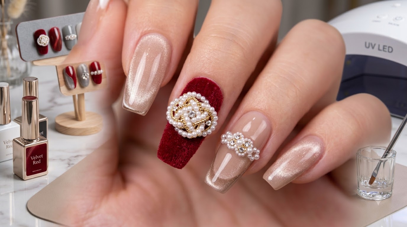 Diseño de Uñas Chinas con Efecto Terciopelo y Nudo