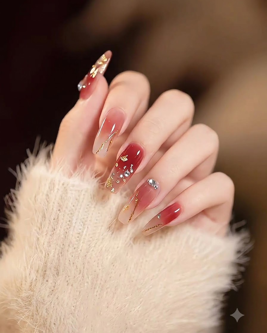 Un primer plano de uñas largas cuadradas con puntas en degradado burdeos, embellecidas con escamas de oro y cristales.