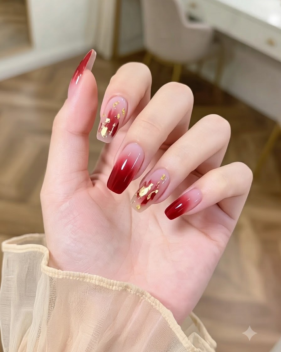 Un primer plano de una mano con uñas ombre burdeos adornadas con racimos de pedrería de cristal bajo iluminación de estudio.
