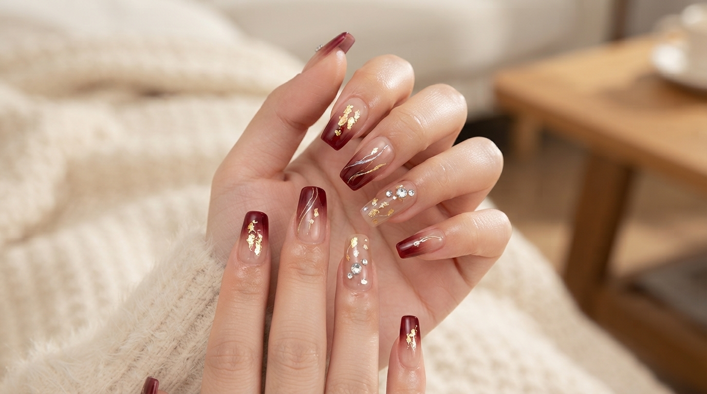 Uñas de Gel Degradadas en Burdeos y Estrás para Año Nuevo — Tutorial Paso a Paso