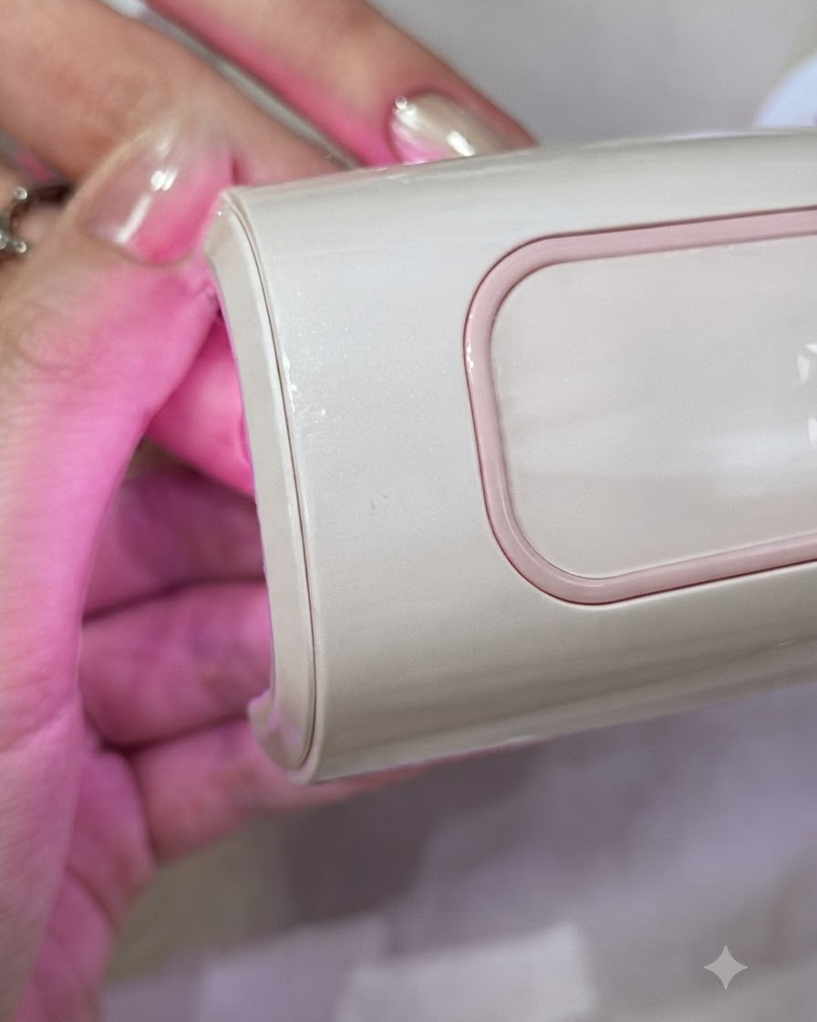 Una mano posicionada cerca de una lámpara UV/LED rosa durante el proceso de curado del gel.