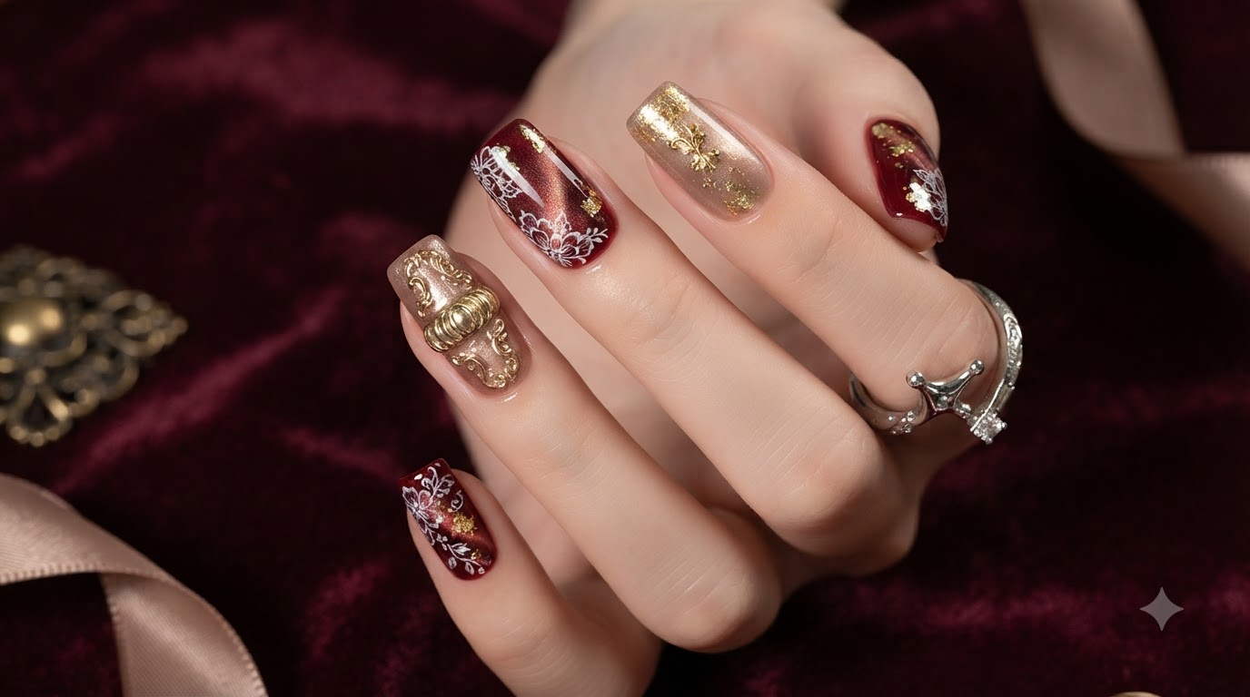 Diseño de Uñas de Lujo Retro en Borgoña y Lámina Dorada — Tutorial Paso a Paso
