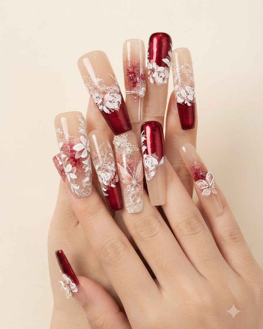 Un pincel aplicando una capa transparente de gel de refuerzo suave sobre un diseño detallado de arte floral en uñas.