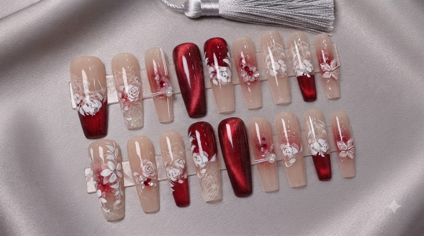 Uñas Postizas de Encaje Blanco y Rojo de Noche de Verano: Tutorial Paso a Paso