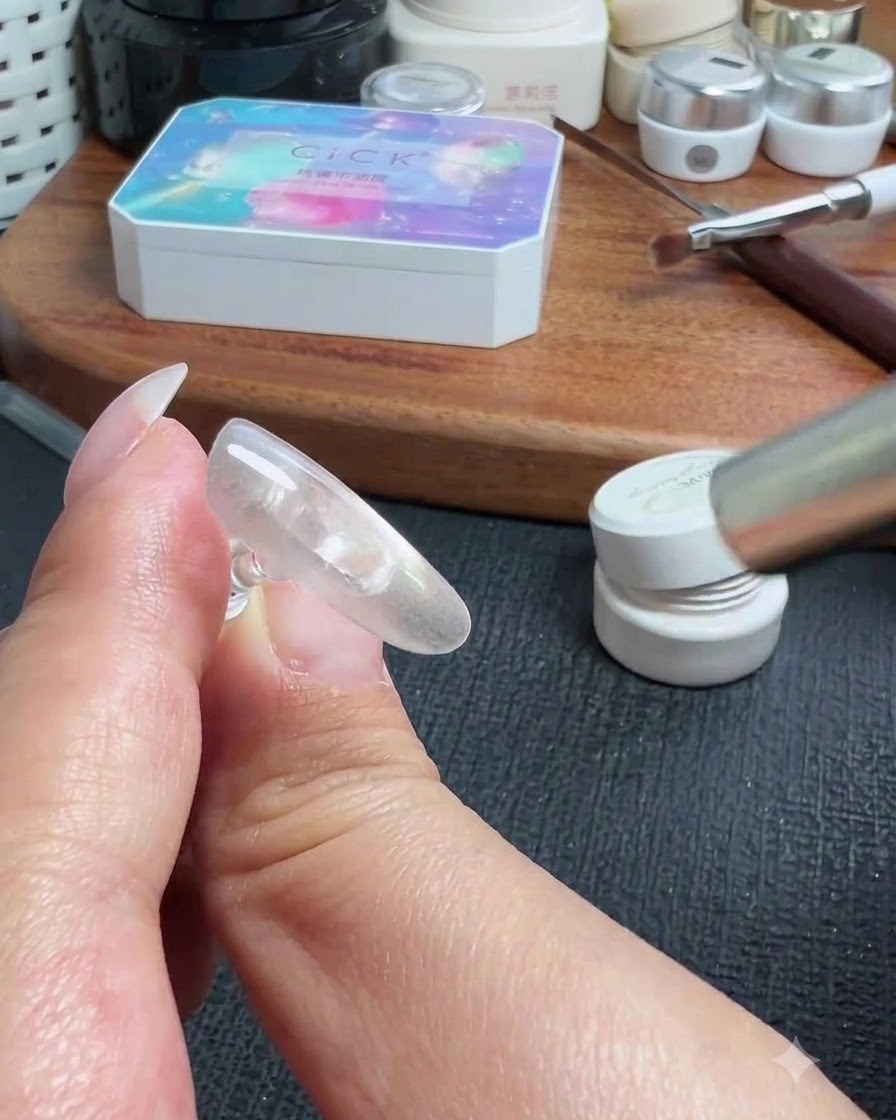 Una mano sosteniendo una extensión de uña falsa bajo una lámpara de mano con linterna UV o LED para curar la capa de gel.