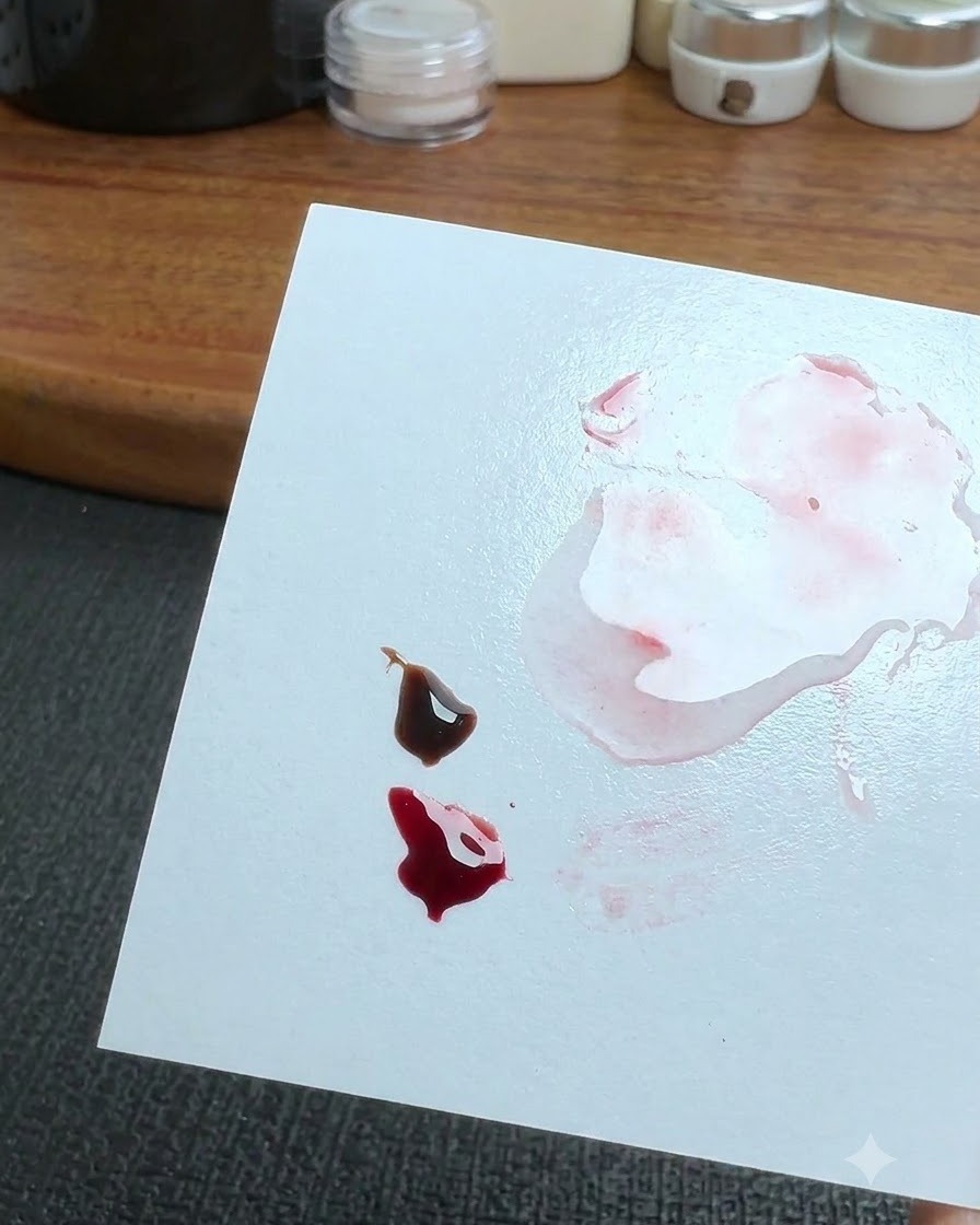 Una paleta de mezclas blanca que muestra pequeñas gotas de esmalte en gel marrón oscuro y rojo translúcido intenso junto a parches mezclados.