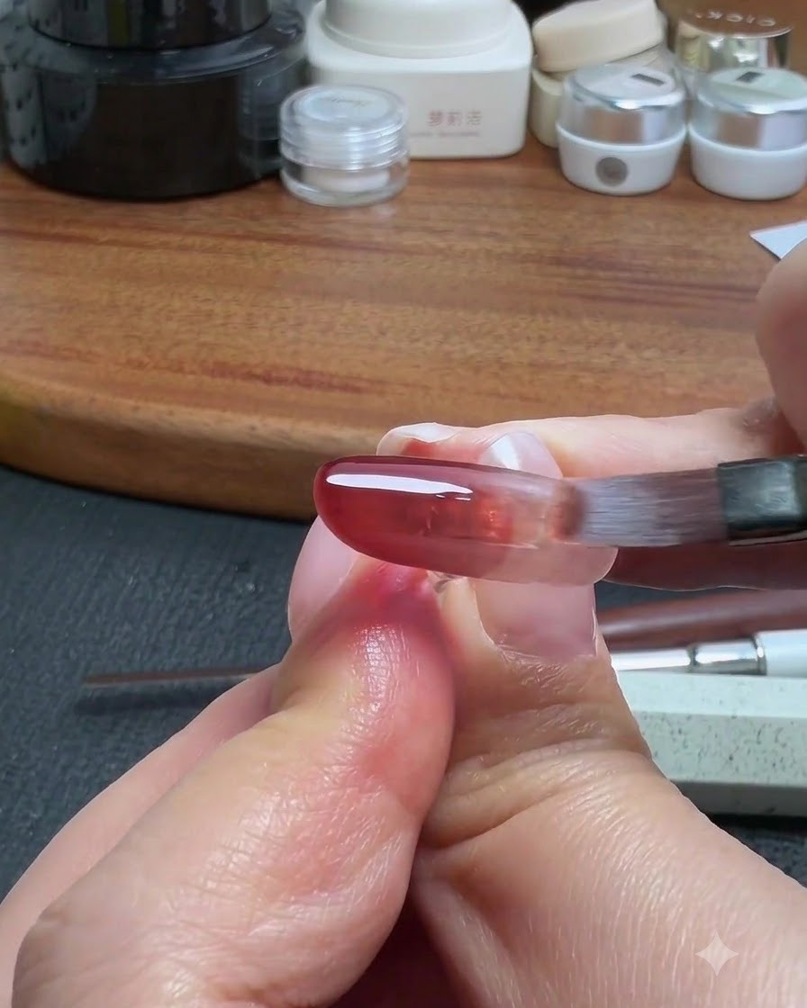Un pincel de nail art limpio difuminando suavemente los bordes de la aplicación de gel rojo en la superficie de la uña artificial.