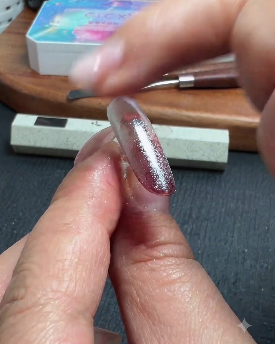 Un dedo aplicando a pequeños toques polvo cromado transparente sobre la superficie de una uña brillante.