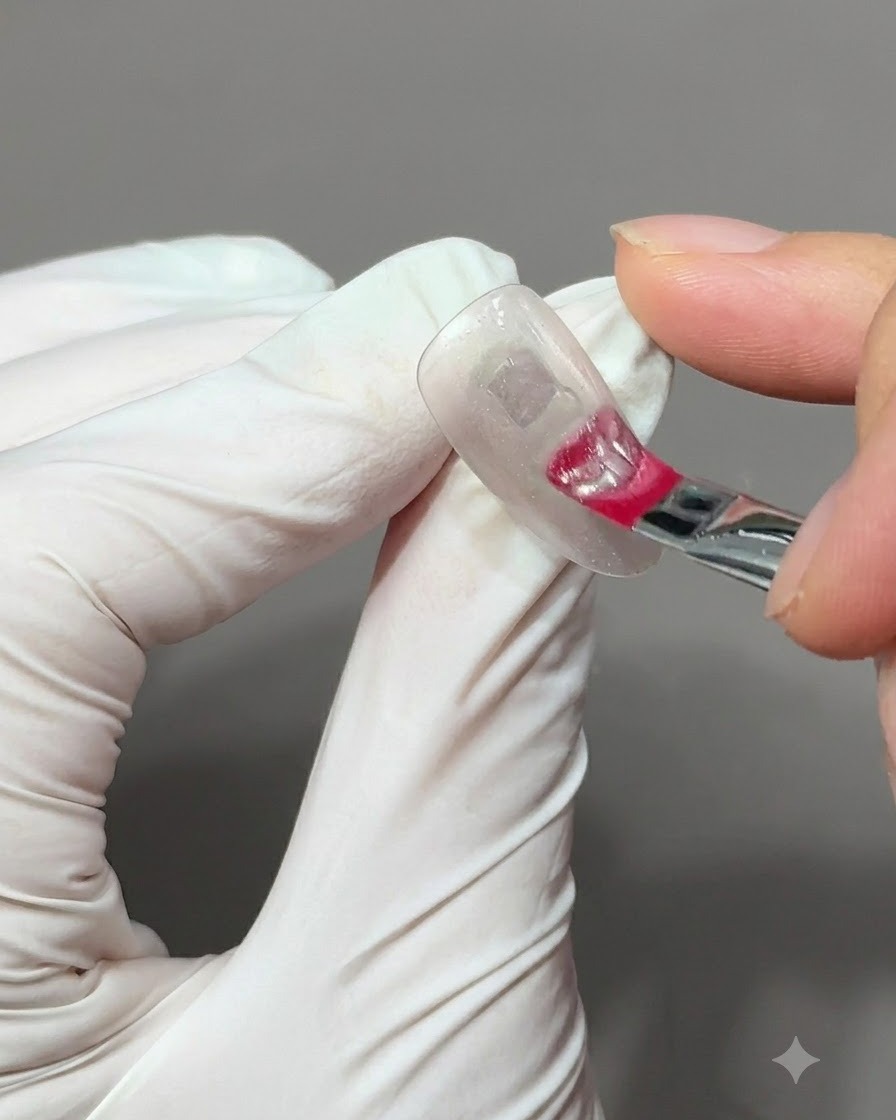 Primer plano de una mano sosteniendo una esfera magnética cerca de una uña de gel translúcida para dar forma a las partículas de ojo de gato en una amplia banda de luz.