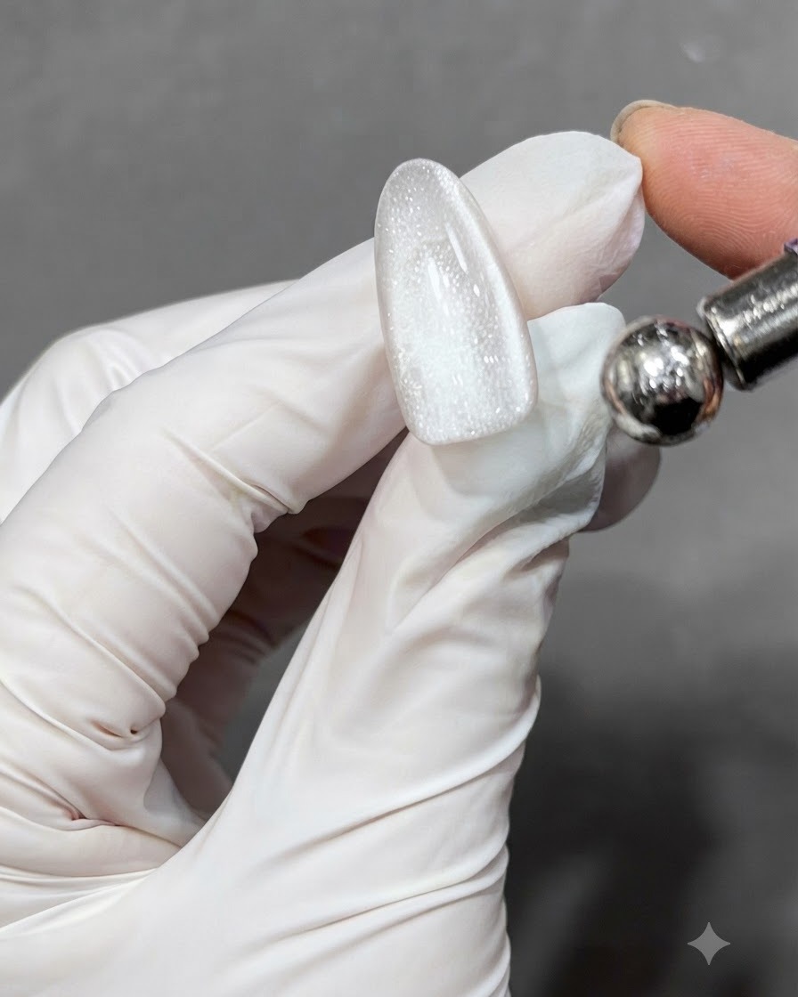 Una uña translúcida curada que muestra una brillante y amplia banda de luz creada por las partículas del gel ojo de gato.