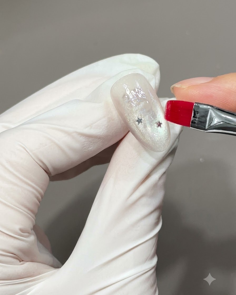 Un pincel aplicando gel base transparente sobre una uña para sellar y encapsular los apliques de estrellas incrustados.