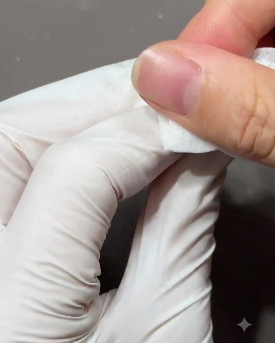 Un dedo enguantado usando una compresa limpiadora para limpiar la superficie de una uña.