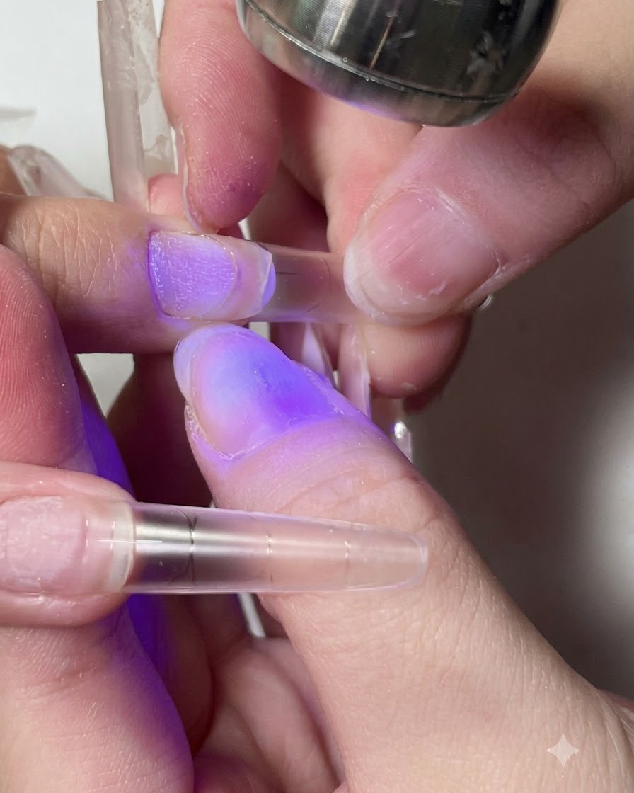 Una lámpara portátil de rayos UV/LED morada curando el adhesivo bajo una extensión de uña transparente.
