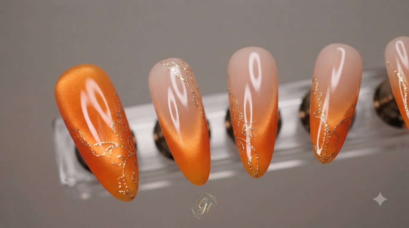 Tutorial de Uñas Alargadas Almendradas con Efecto Ojo de Gato y Degradado Naranja Atardecer