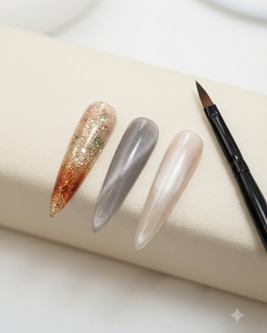 Un soporte de exhibición que muestra tres puntas de uñas decoradas de práctica: un ombré de purpurina al atardecer, un gris ojo de gato sólido y un tono nude anaranjado brillante junto a un pincel fino.