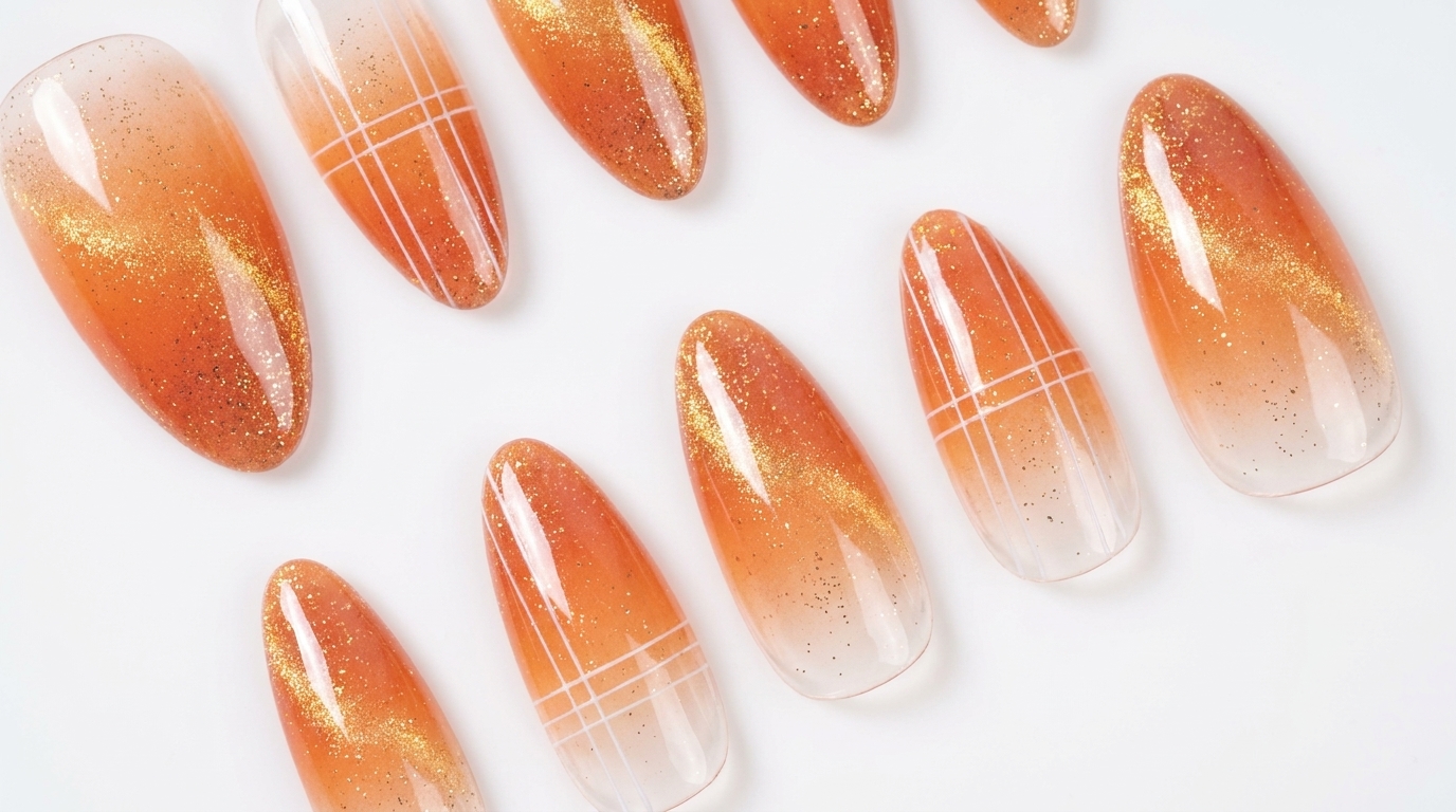 Uñas de Gel con Efecto Ojo de Gato y Purpurina en Naranja Atardecer — Tutorial Paso a Paso