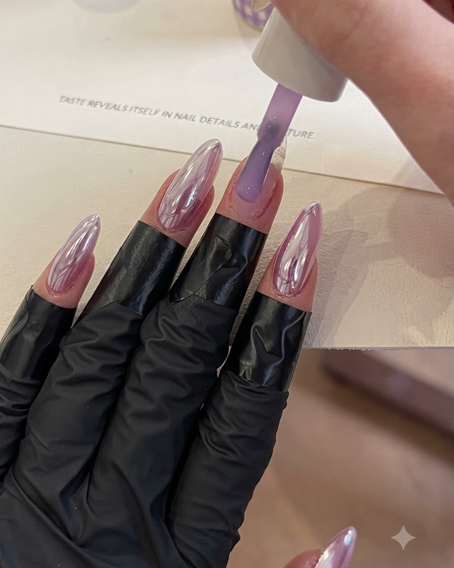 Un pincel aplicando un gel morado translúcido y claro sobre una uña.