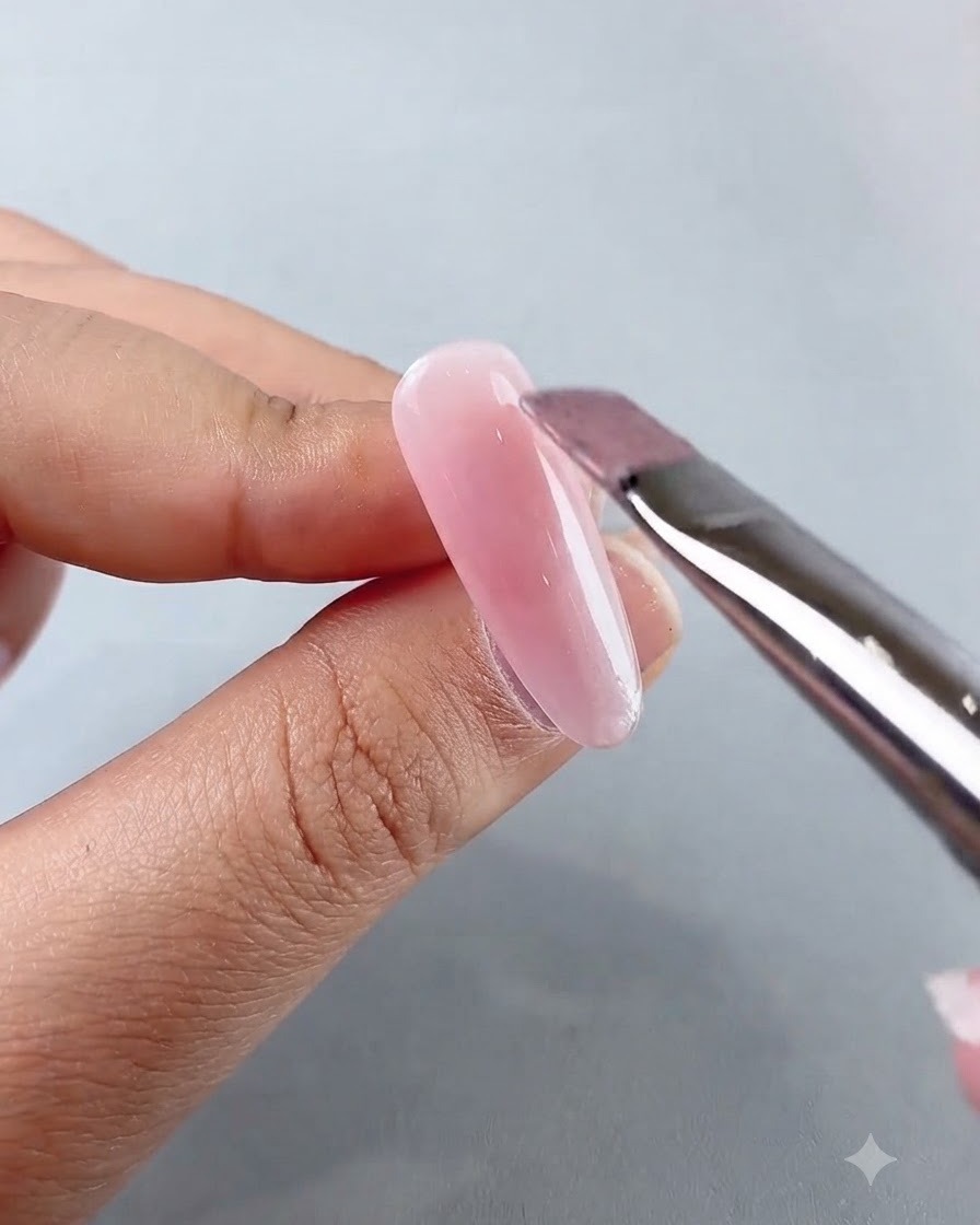 Un pincel de uñas aplicando una capa de gel cat-eye transparente y brillante sobre la base rosa.