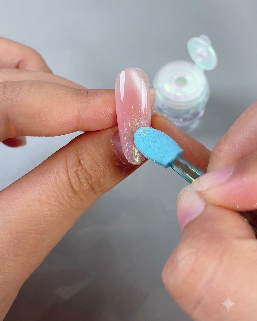 Un aplicador de esponja azul puliendo suavemente polvo magic mirror en la punta de una uña almendrada rosa para crear un efecto ombré.