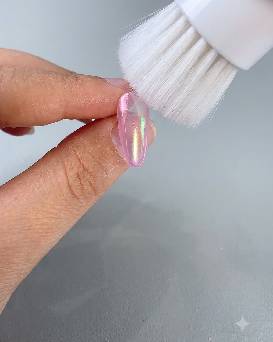 Un pincel cosmético de cerdas suaves blancas barriendo el polvo tornasolado sobrante de una uña degradada terminada.