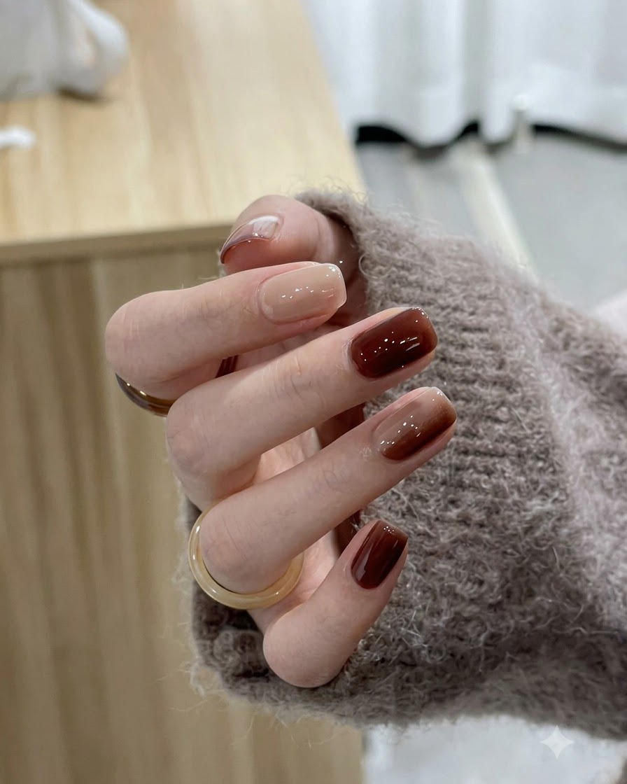 Primer plano de una mano a la que se le aplica una capa superior transparente y brillante sobre las uñas con degradado caramelo y ámbar terminado.