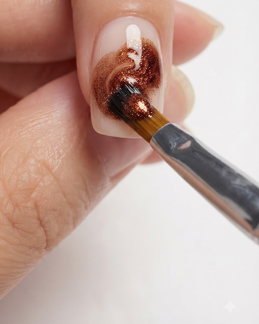 Un primer plano detallado de un pincel de uñas difuminando tonos cálidos de caramelo y ámbar sobre una uña manicurada.