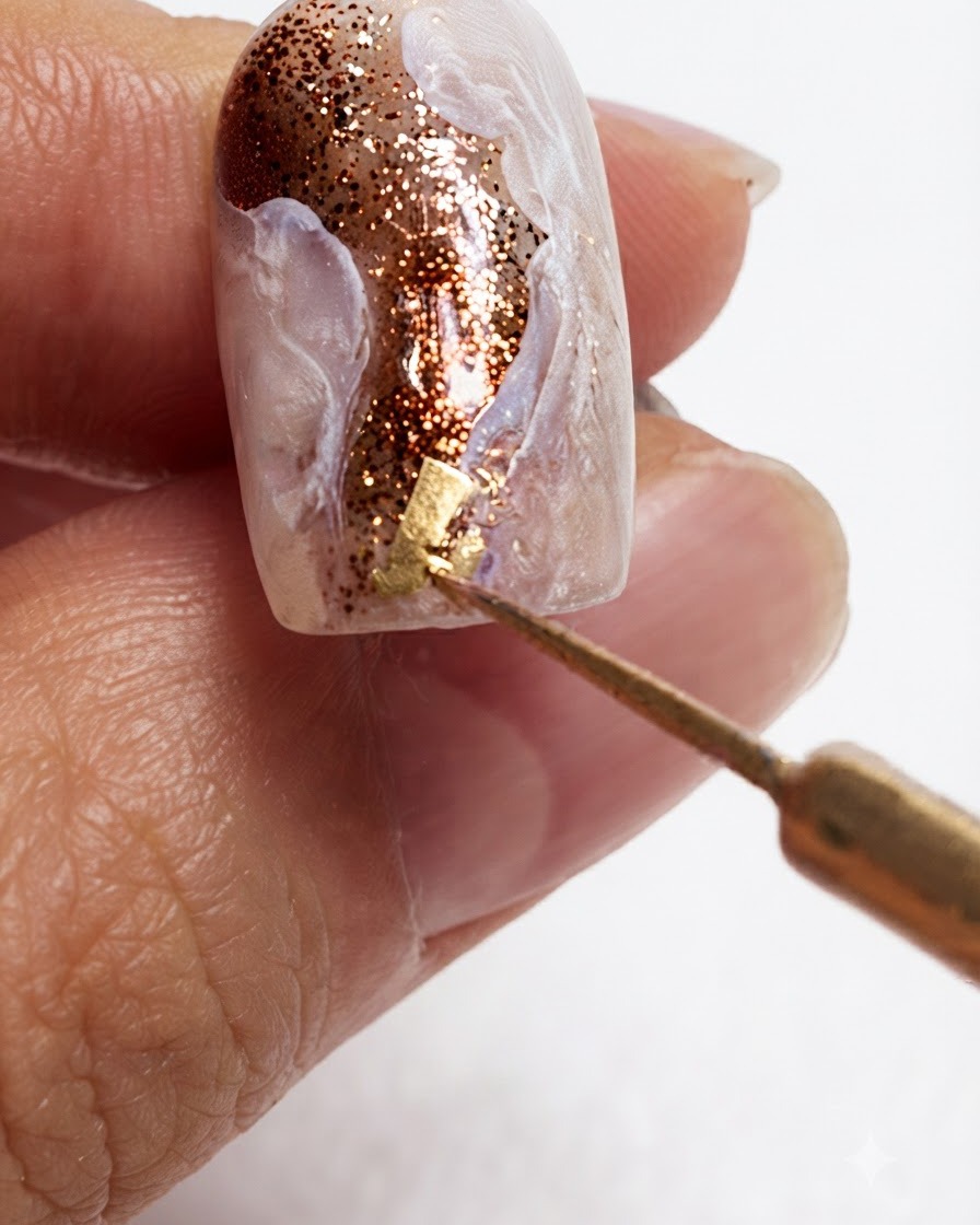 Una herramienta de detalle colocando pequeños fragmentos de lámina de oro brillante sobre un diseño de uña texturizado.