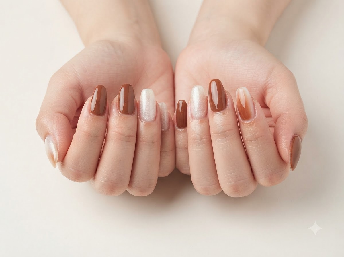 Una vista de cerca que muestra uñas blanco lechoso translúcidas con brillo magnético junto a uñas de color caramelo sólido.